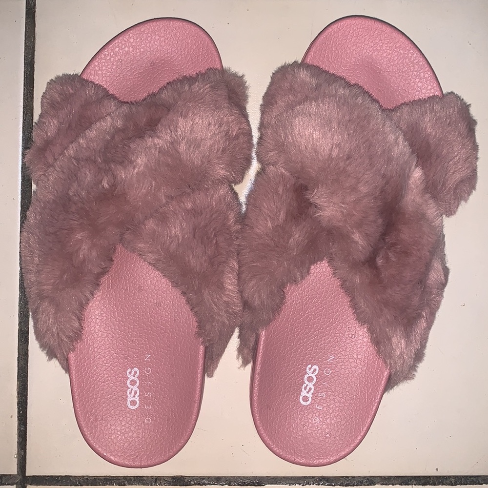 ASOS fluffy crossover sliders in dusty pink